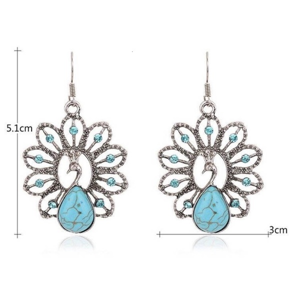 Peacock Drop Earrings Boho Fake Turquoise - Picture 4 of 8